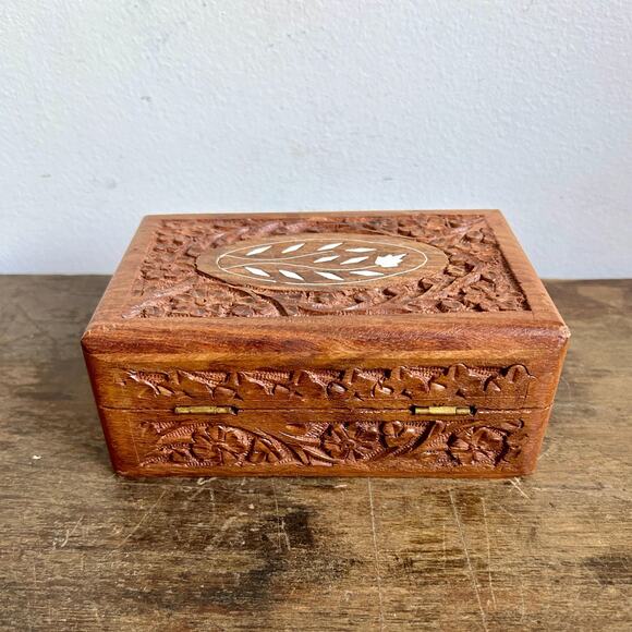 Vintage Carved Mango Wood Decorative Box with Inlay | Rustic Accent Decor - Picture 5 of 7